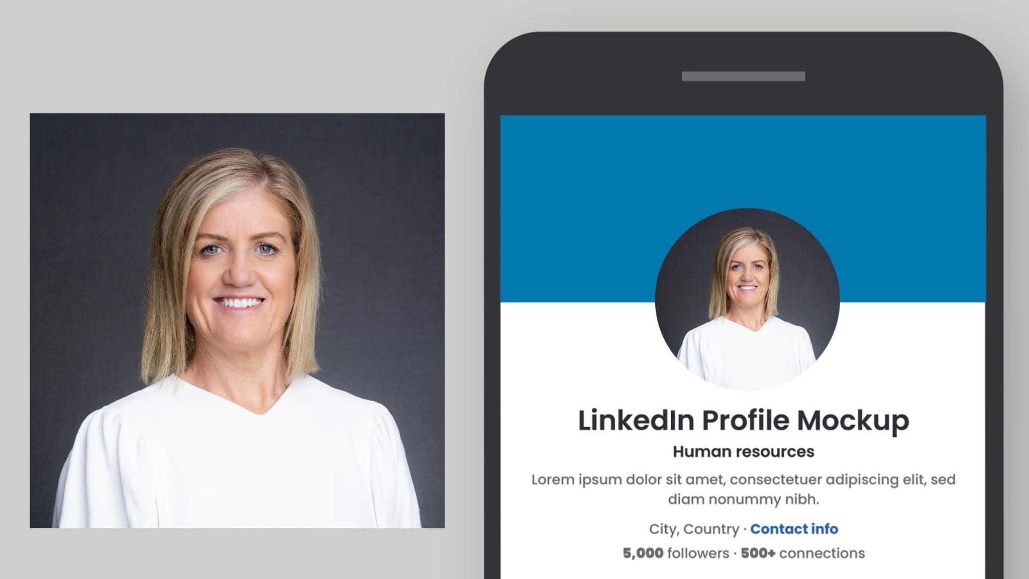 LinkedIn headshot photo mock-up with the headshot of a young blonde woman taken by LinkedIn headshot photographer Georgie Greene in Sydney NSW