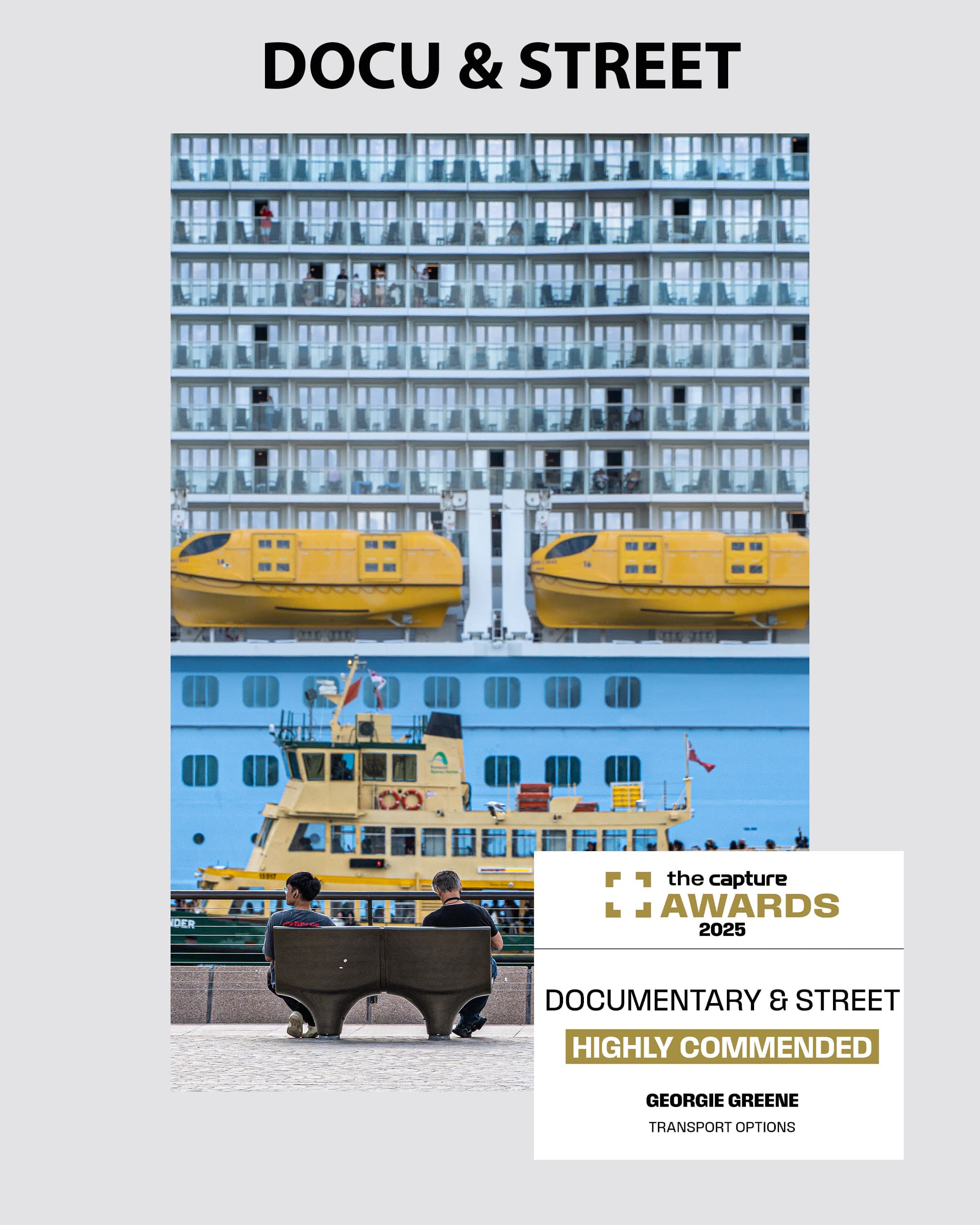 Background is a cruise ship a Sydney ferry and two people sitting on a bench