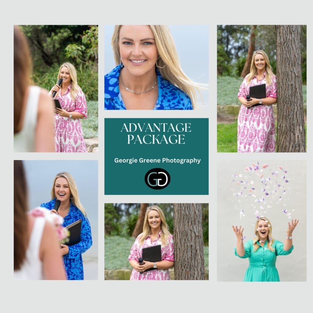 Grid of headshots and lifestyle portraits for a Marriage Celebrant taken by Sydney personal branding photographer Georgie Greene